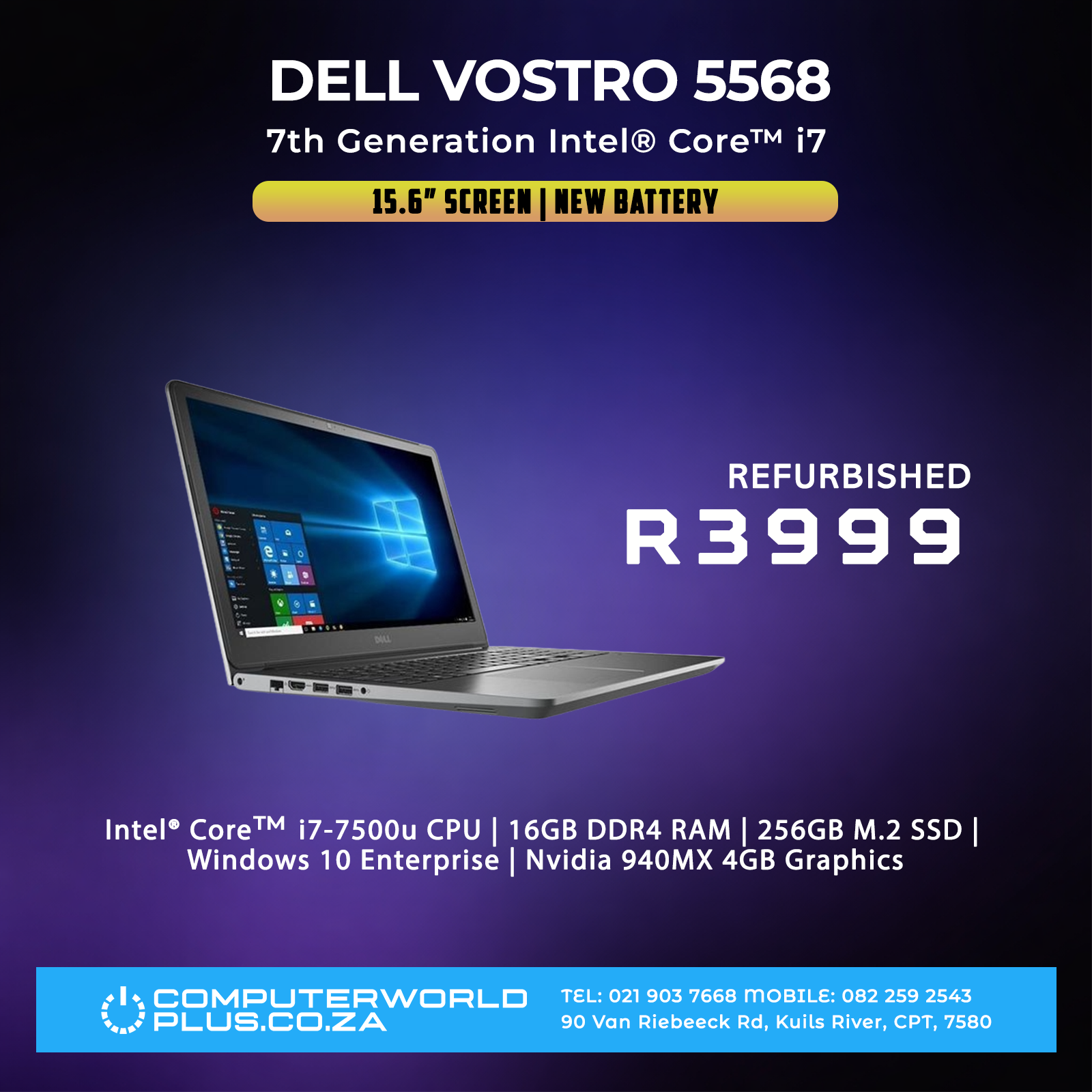 Dell Vostro 5568 Laptop | NEW BATTERY | 7th Gen Core i7 | Nvidia Graphics (REFURBISHED)