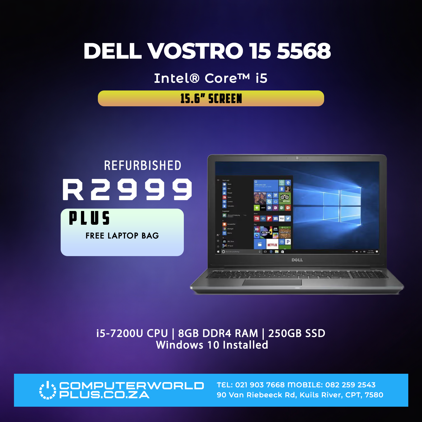 Dell Vostro 15 5568 Laptop | Intel Core i5-7200U CPU | Free Laptop Bag (REFURBISHED)