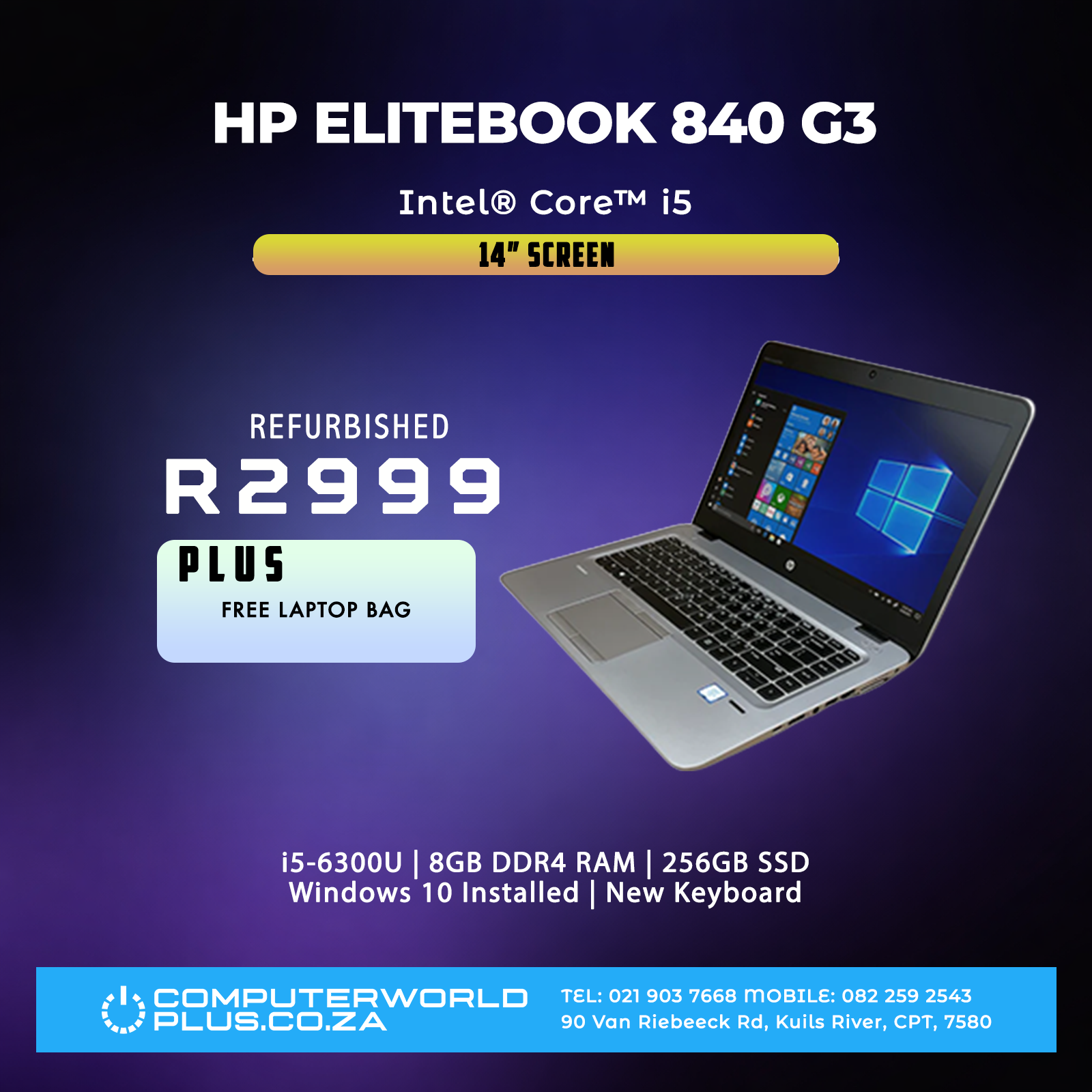 HP EliteBook 840 G3 Laptop | Intel Core i5-6300U CPU | Free Laptop Bag (REFURBISHED)