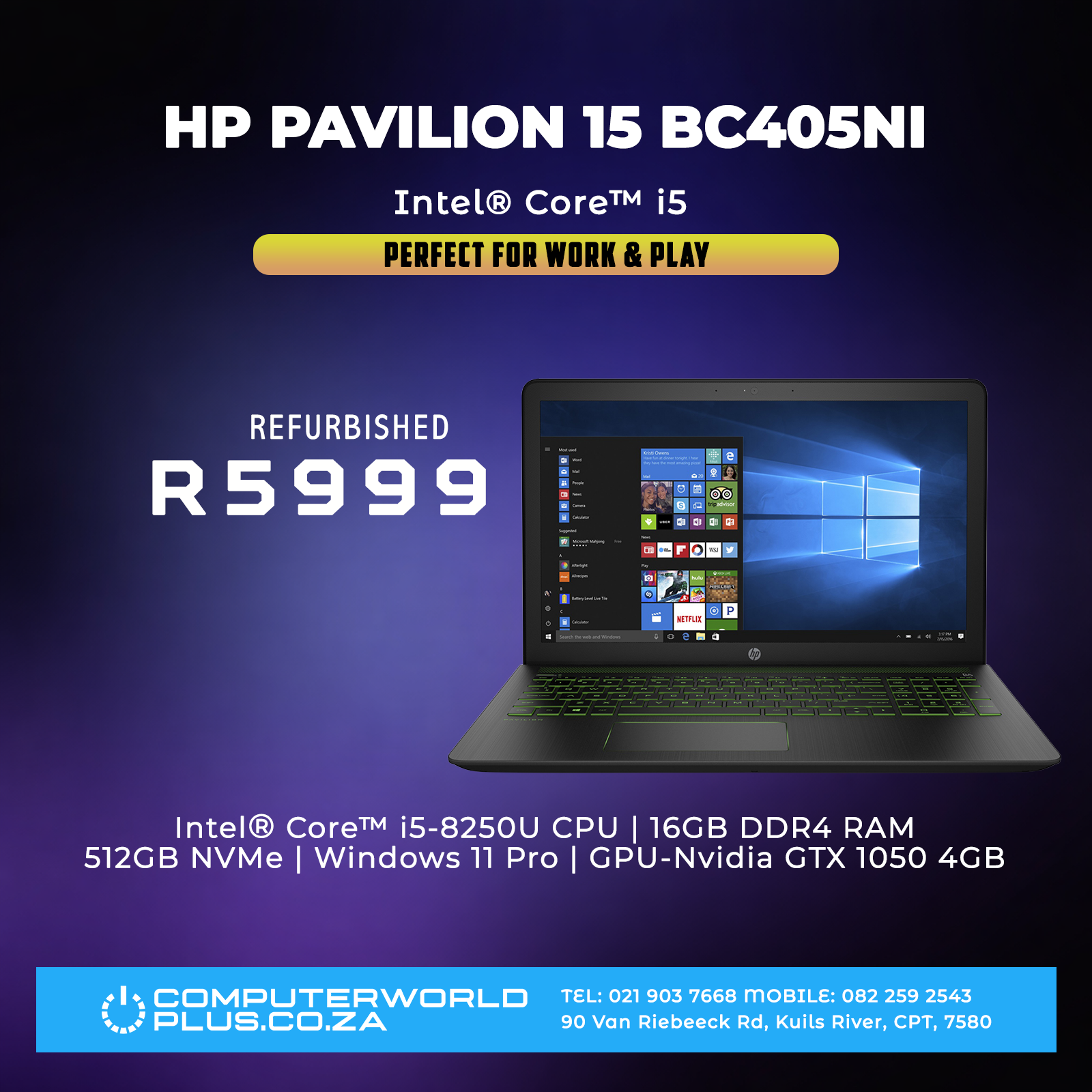 HP Pavilion BC405NI Laptop | Intel Core i5 | For Work & Play | REFURBISHED
