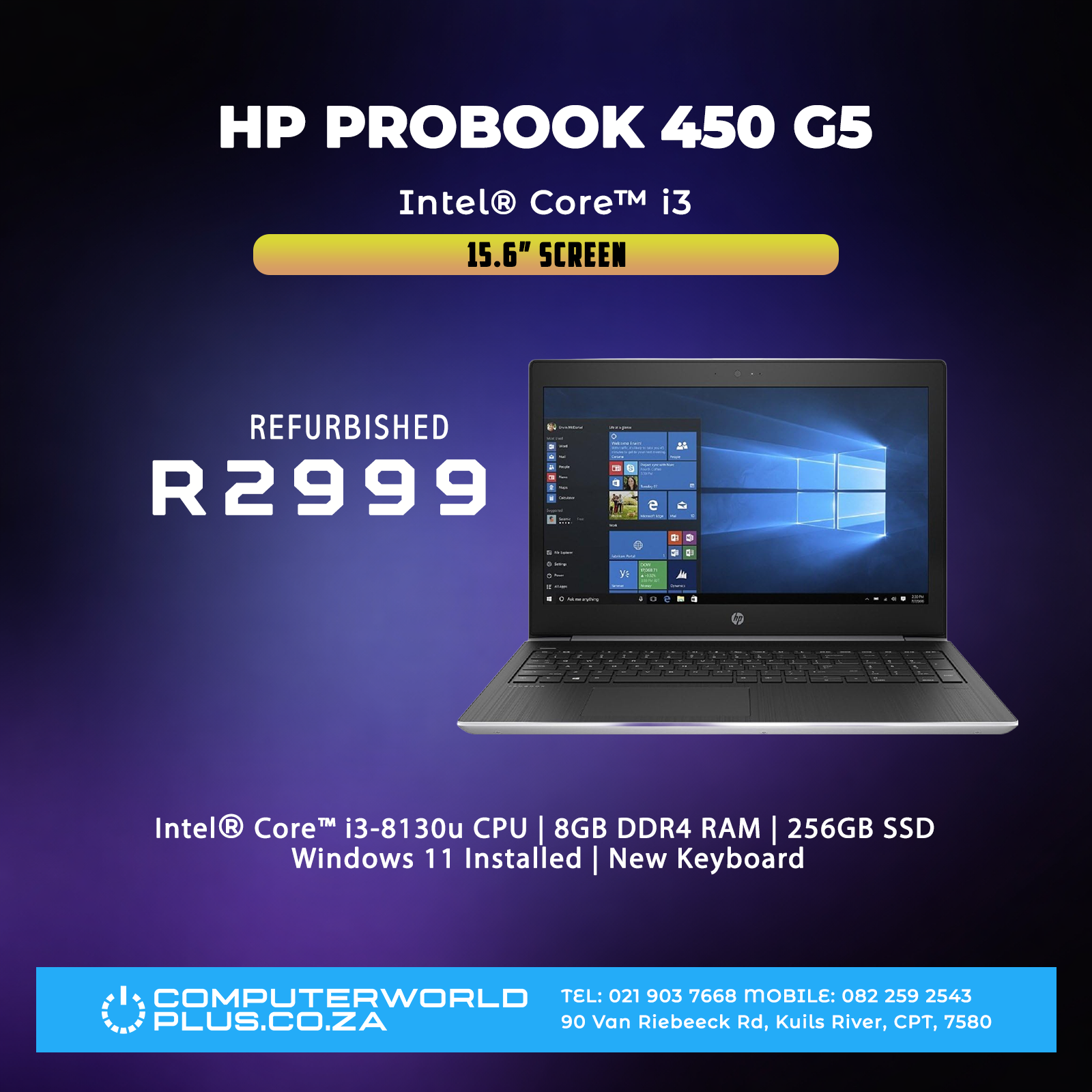 HP Probook 450 G5 Laptop | Intel Core i3 | Windows 11 | REFURBISHED