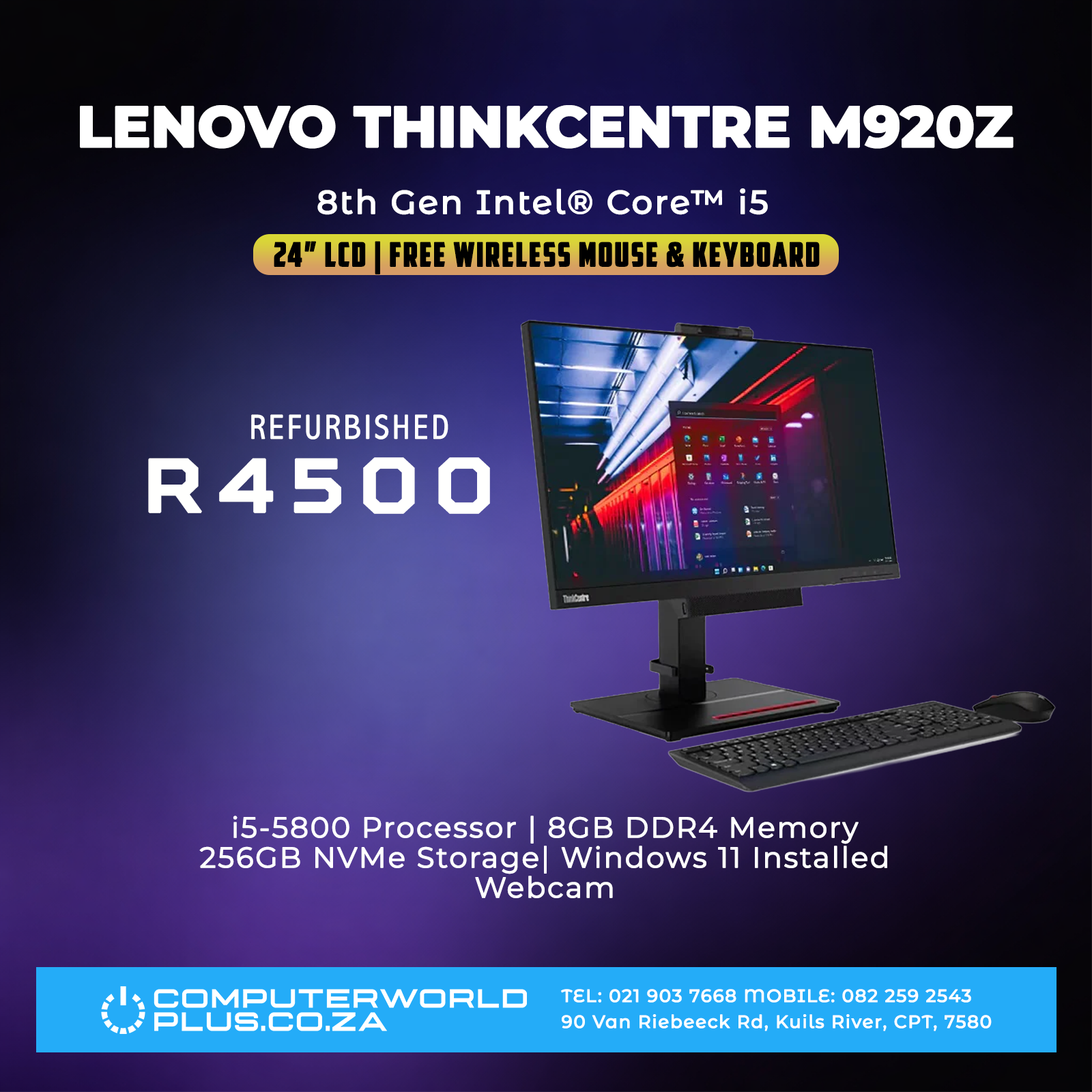 Lenovo ThinkCentre M920z All In One PC | 24" LCD | 8th Gen Intel Core i5 | Wireless Mouse & Keyboard | REFURBISHED