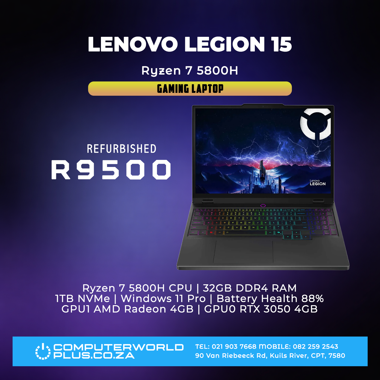 Lenovo Legion 15 Gaming Laptop | Ryzen 7 5800H CPU | Extreme Performance | REFURBISHED