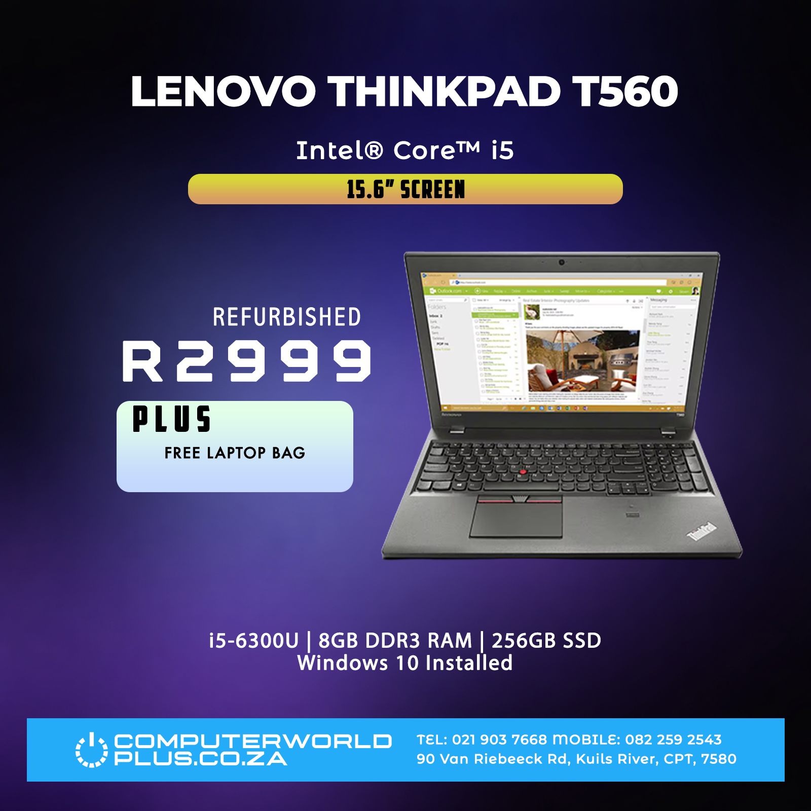Lenovo Thinkpad T560 Laptop | Intel Core i5-6300U CPU | Free Laptop Bag (REFURBISHED)