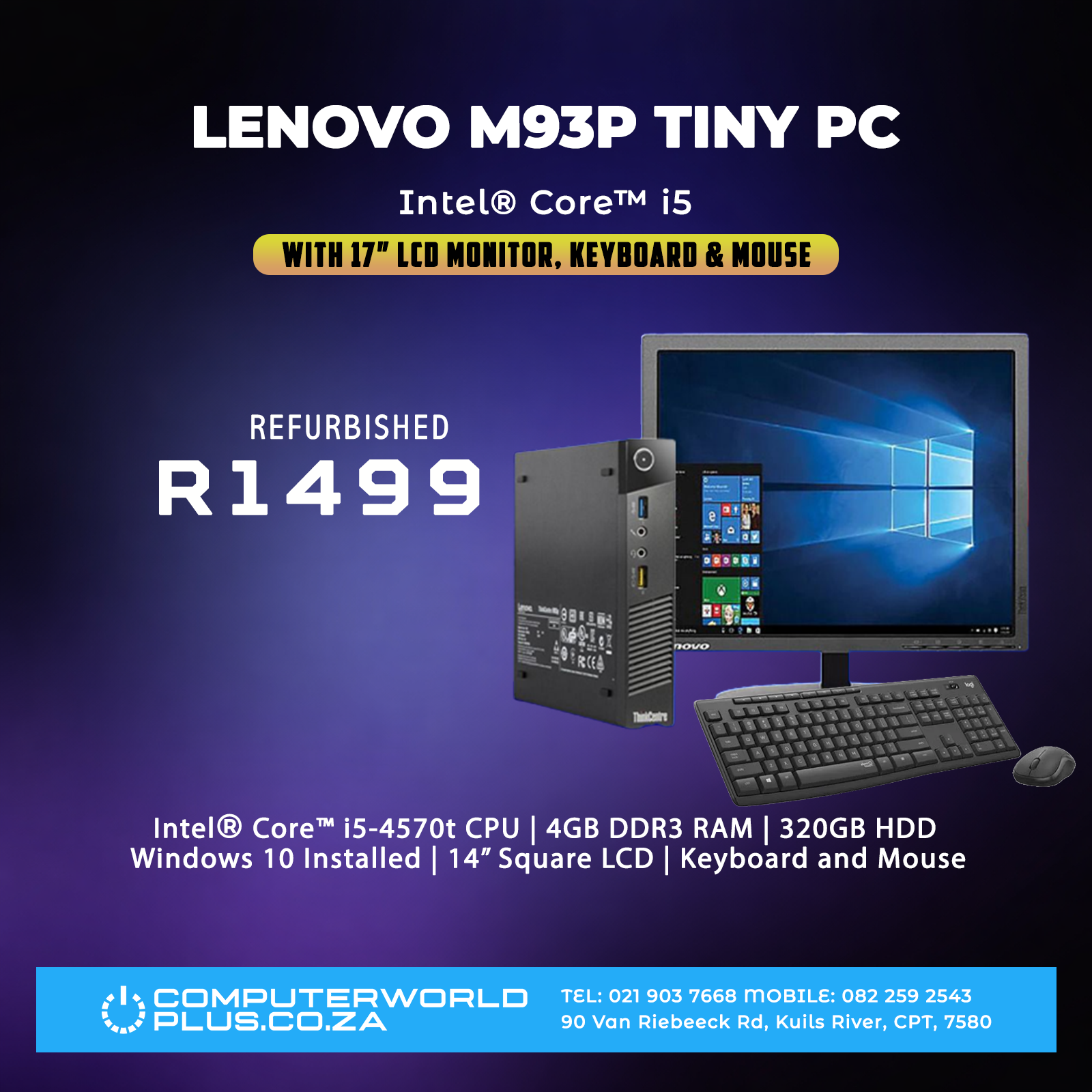 Lenovo M93P Tiny PC | Intel Core i5 | Windows 10 | Monitor, Keyboard, and Mouse | REFURBISHED