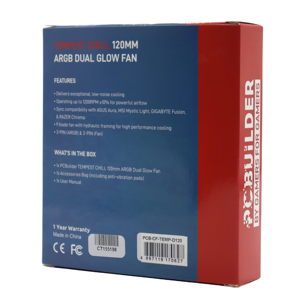 PCBuilder Tempest Chill 120MM ARGB Dual Glow Fan (NEW)