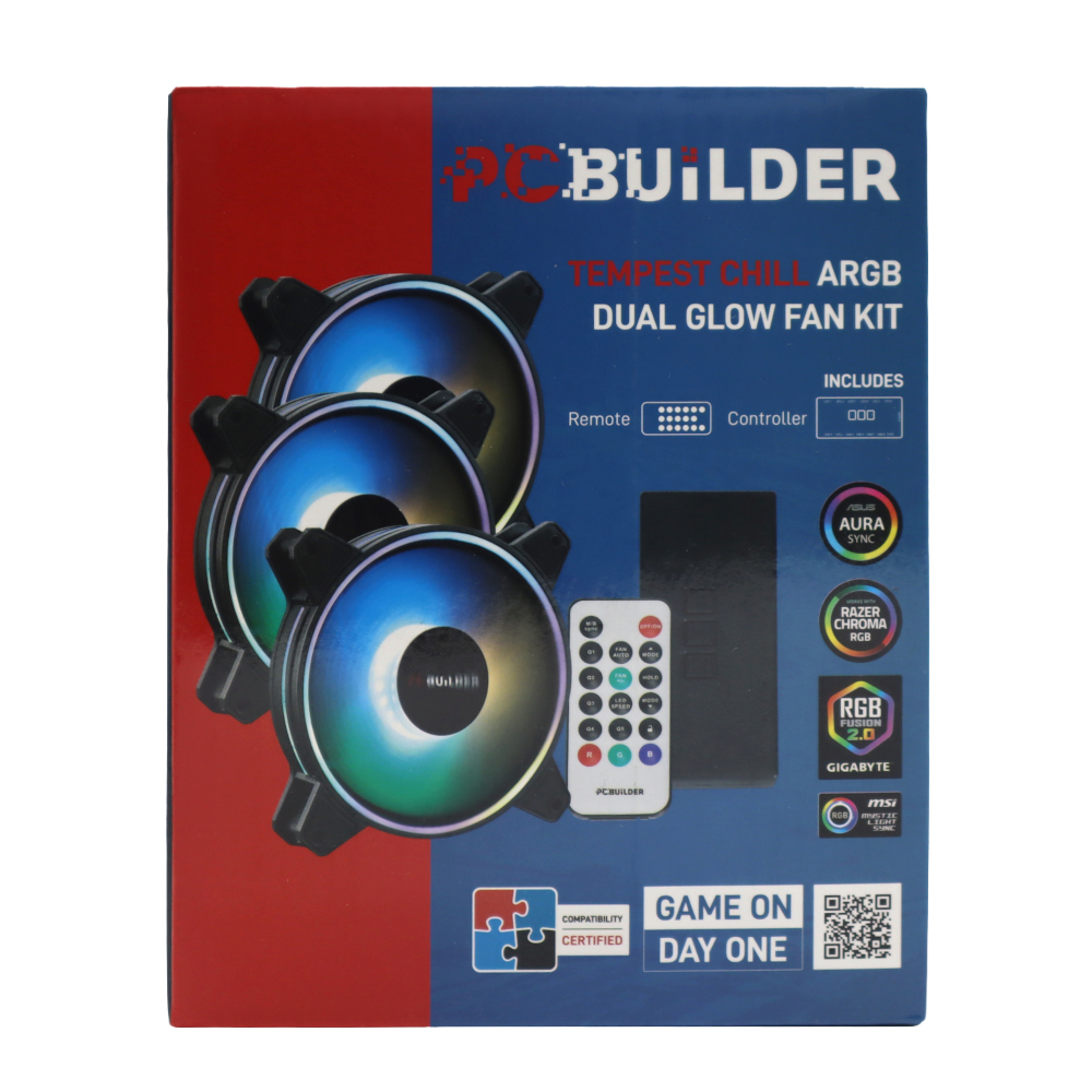 PCBuilder Tempest Chill Fan Kit 3x120MM Dual Glow ARGB Fan + Controller + RF Remote (NEW)