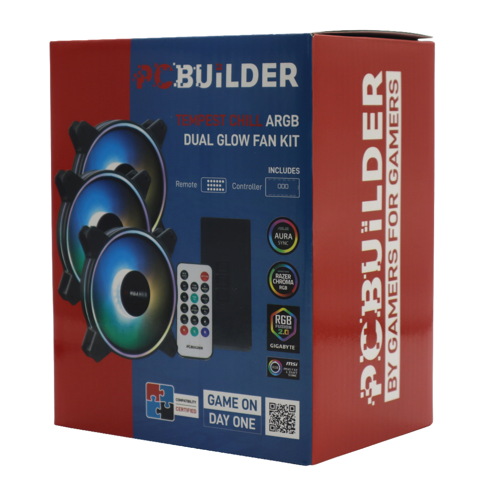 PCBuilder Tempest Chill Fan Kit 3x120MM Dual Glow ARGB Fan + Controller + RF Remote (NEW)