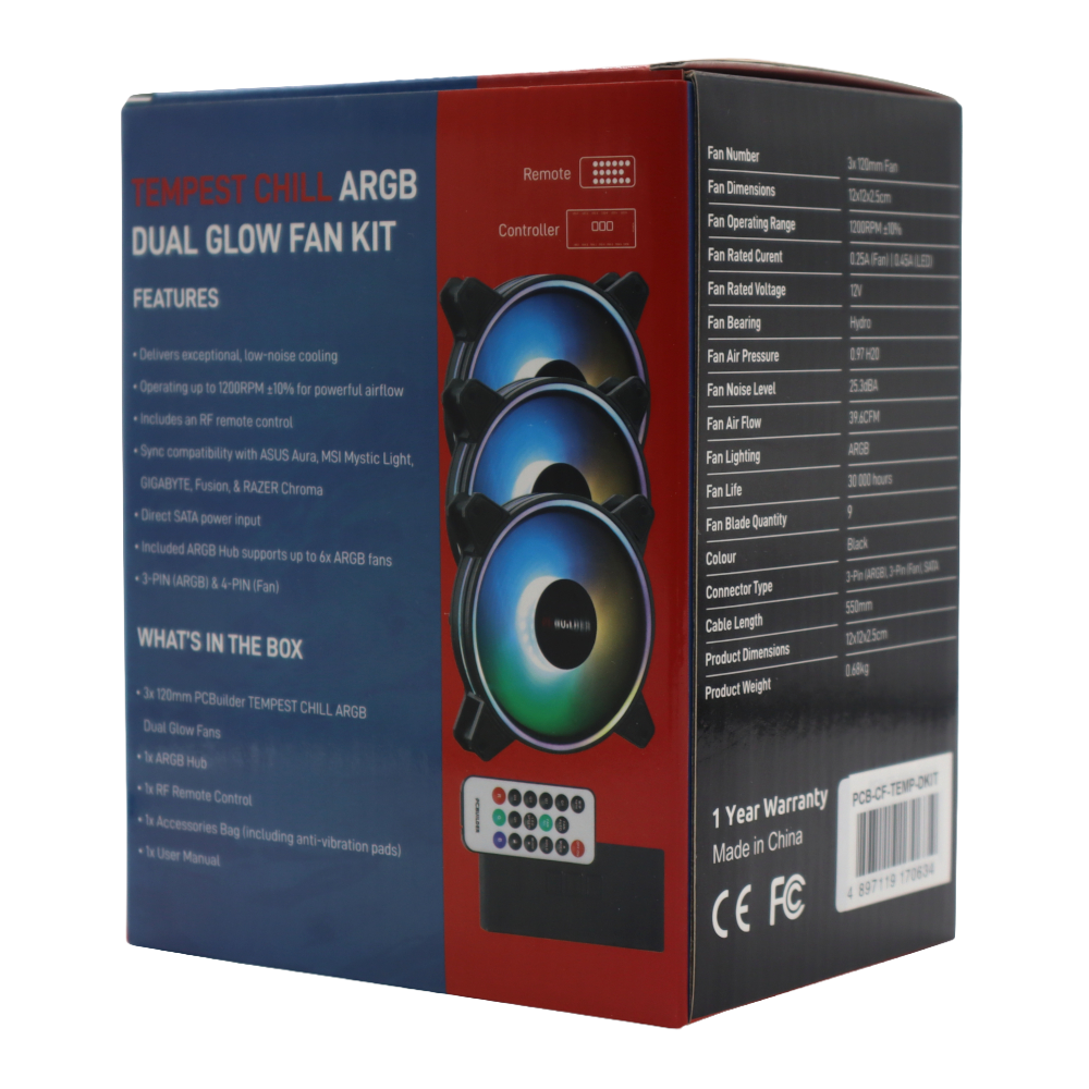 PCBuilder Tempest Chill Fan Kit 3x120MM Dual Glow ARGB Fan + Controller + RF Remote (NEW)