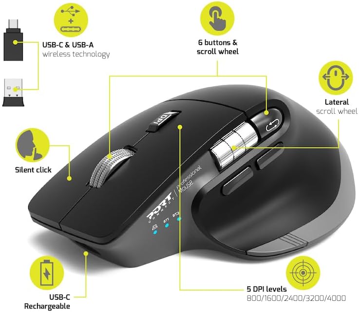 PORT Connect Professional Mouse | ULTIMATE Bluetooth & Wireless Rechargeable Mouse | Silent Click | AI Quick Access Button