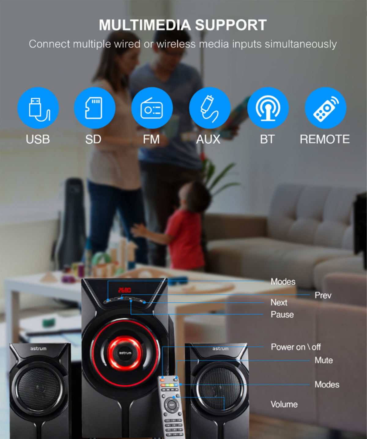 Astrum SM410 Multimedia Wireless Speaker | 2.1CH LED Light