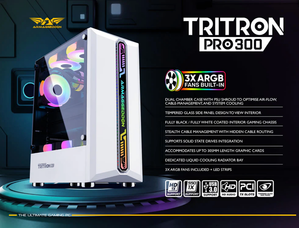 Armaggeddon Tritron Pro 300 ATX Gaming Case with 3x ARGB Fans – Black (NEW SEALED)