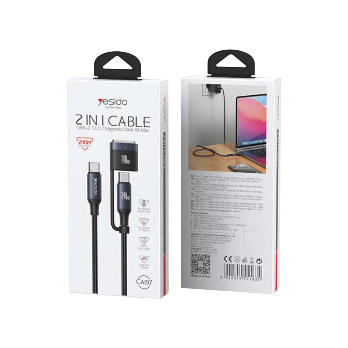 Yesido 2-in-1 Cable | USB-C to USB-C/Magnetic 5A